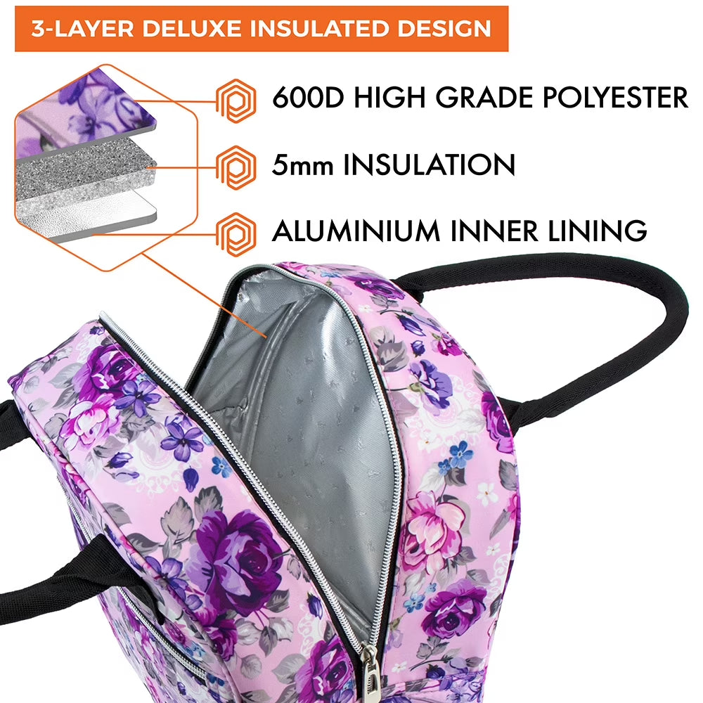 Insulated Lunch Box Women, Lunch Bag Tote Girls Kids Teen Adult, Cute Soft Lunch Cooler Container Work School, Reusable Thermal Food Meal Prep Organizer Lunch Pail Travel Beach, Floral Purple
