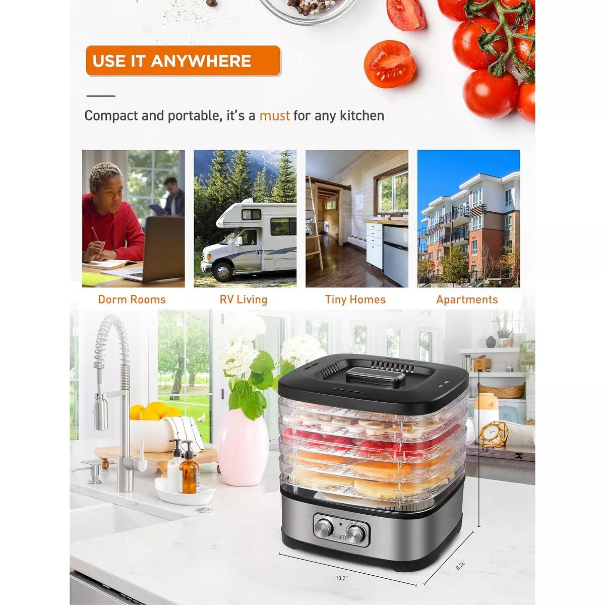 Commercial Chef Food Dehydrator, Five 10” X 9.25” Trays, CHD200S