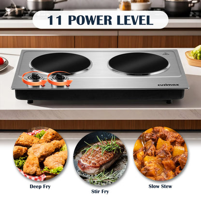 Double Hot Plate,  1800W Portable Ceramic – Dual Infrared Cooktop with Independent Controls, Stainless Steel & Glass Electric Burner for Countertop Cooking, Upgraded Silver Design