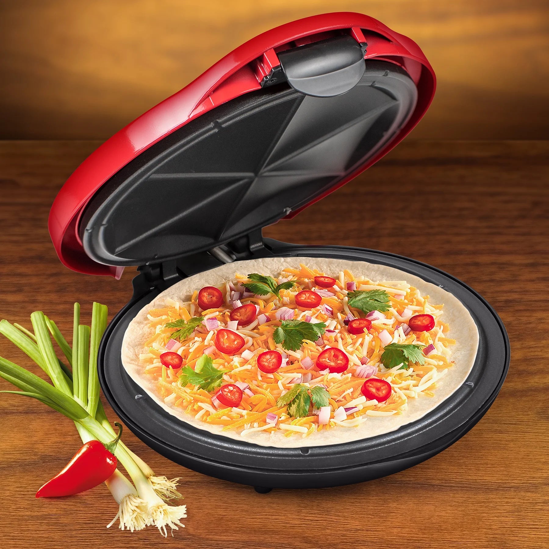 6-Wedge Electric Quesadilla Maker with Extra Stuffing Latch, Red 10”
