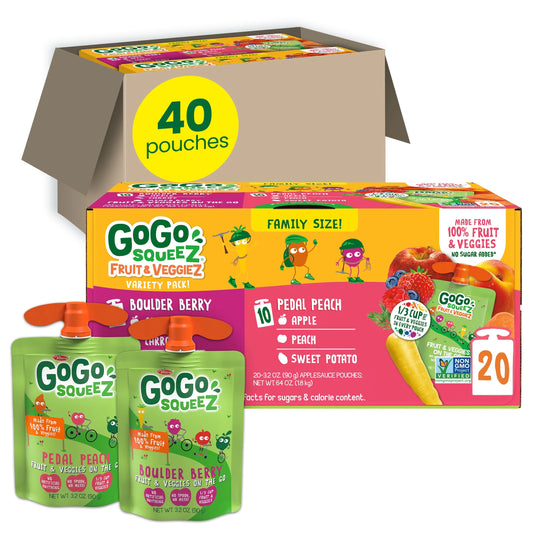 Fruit & Veggiez Applesauce and Puree Variety Pack, Boulder Berry and Pedal Peach Snack Pouches Variety Pack, 3.2 Oz, 40 Pack