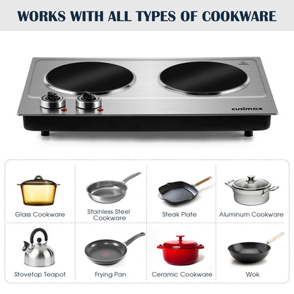 Double Hot Plate,  1800W Portable Ceramic – Dual Infrared Cooktop with Independent Controls, Stainless Steel & Glass Electric Burner for Countertop Cooking, Upgraded Silver Design