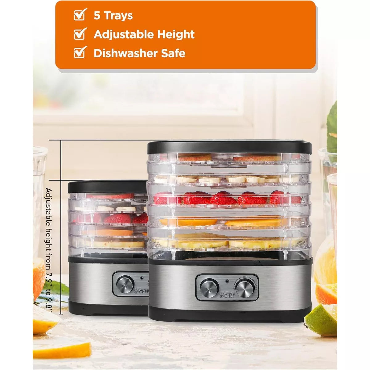 Commercial Chef Food Dehydrator, Five 10” X 9.25” Trays, CHD200S