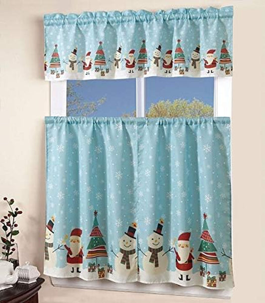 Kitchen Curtain Linen 3 Piece Set - 2 Tiers + 1 Tailored Valance, North Pole Christmas Holiday Season Santa Snowman Flakes Design Linen Window Curtains for Kitchen Décor, KC Northpole