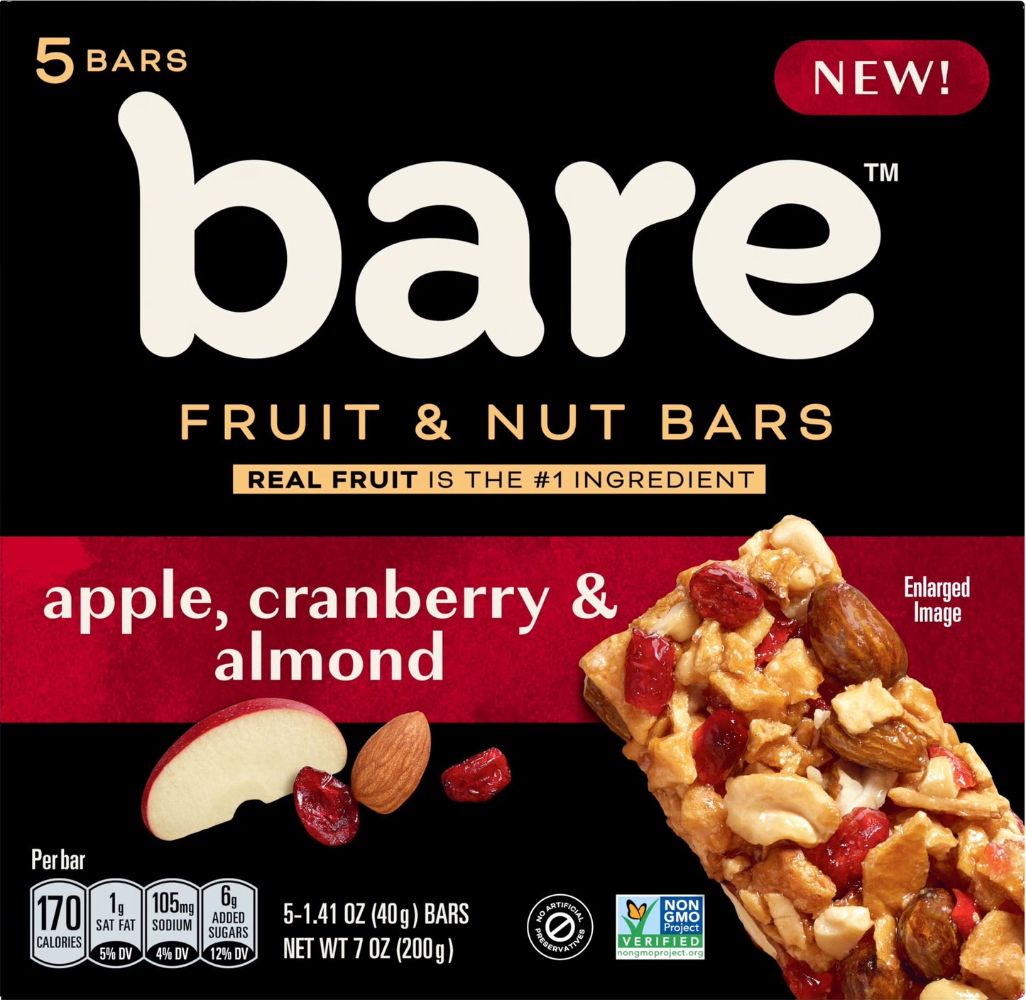 Bare Fruit & Nut Bars, Apple, Cranberry & Almond, 1.41 Oz, 5 Count