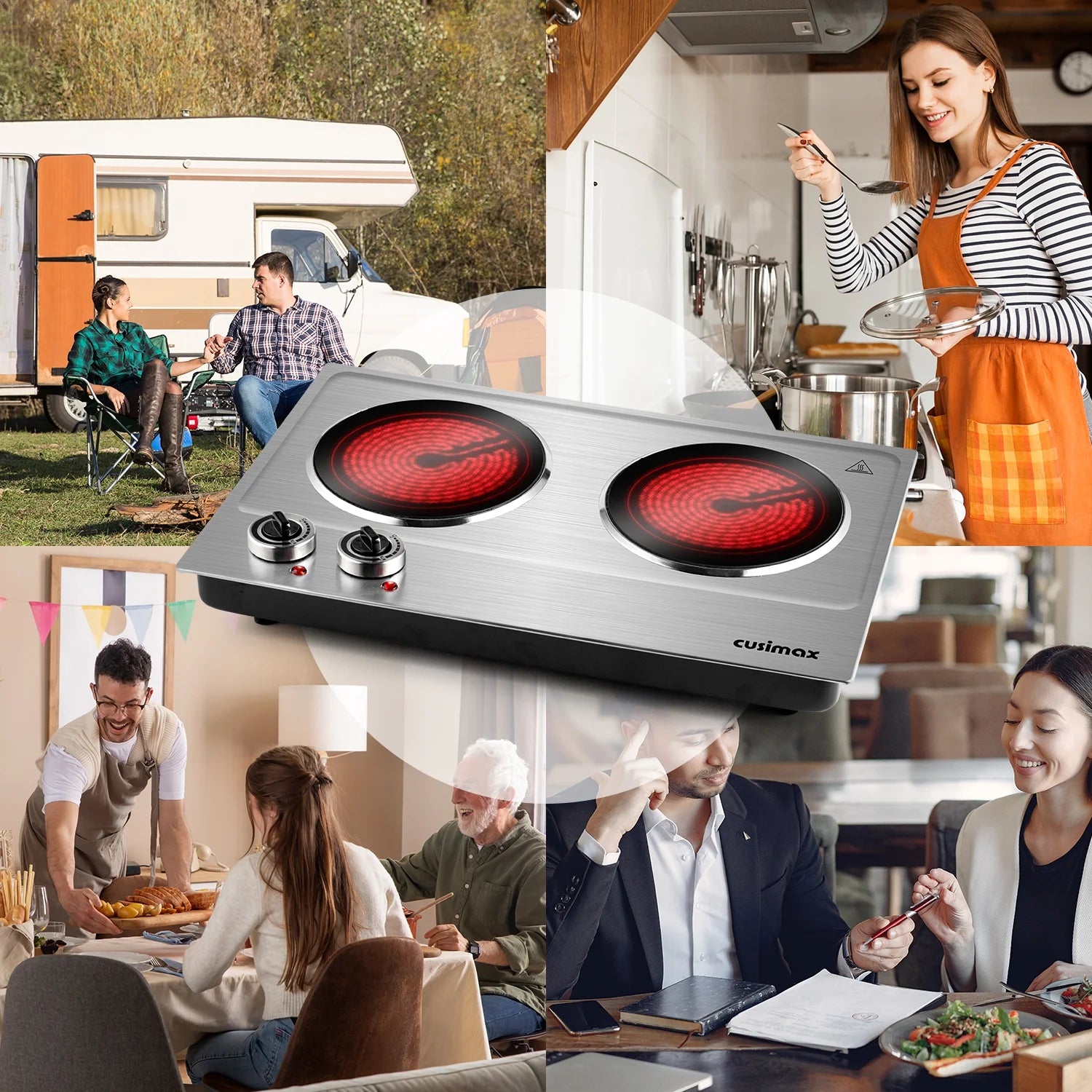 Double Hot Plate,  1800W Portable Ceramic – Dual Infrared Cooktop with Independent Controls, Stainless Steel & Glass Electric Burner for Countertop Cooking, Upgraded Silver Design
