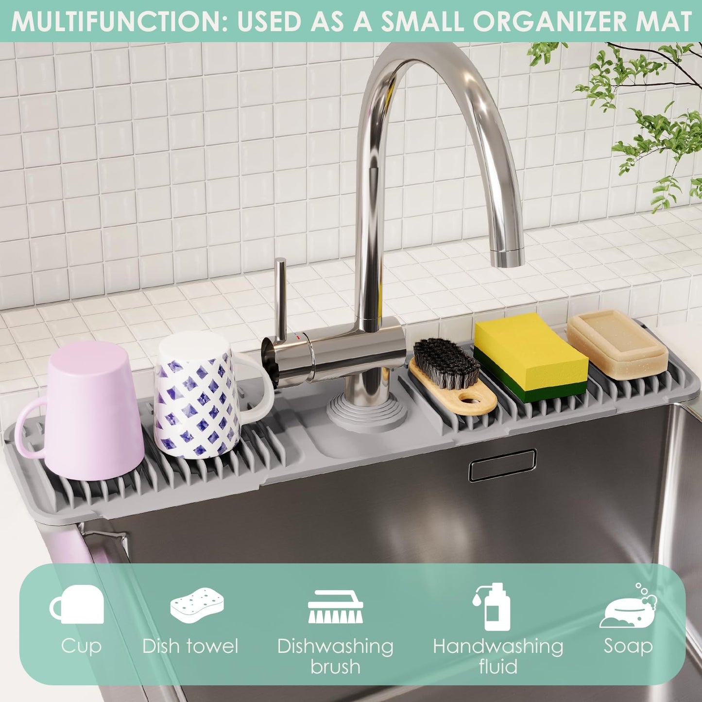 24 Inch Silicone Faucet Mat for Kitchen Sink Splash Guard - 6 Slope Water