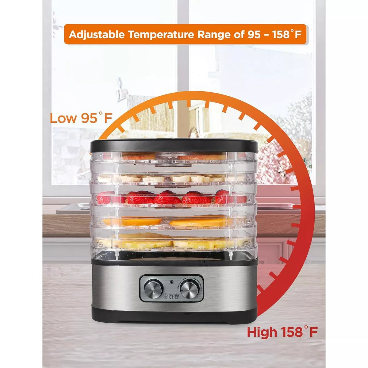 Commercial Chef Food Dehydrator, Five 10” X 9.25” Trays, CHD200S