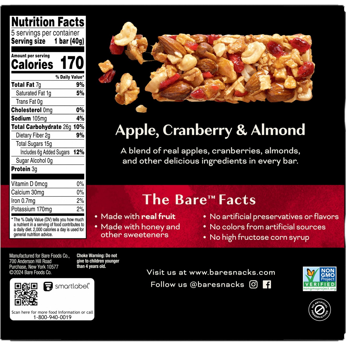 Bare Fruit & Nut Bars, Apple, Cranberry & Almond, 1.41 Oz, 5 Count