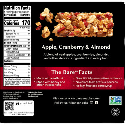 Bare Fruit & Nut Bars, Apple, Cranberry & Almond, 1.41 Oz, 5 Count