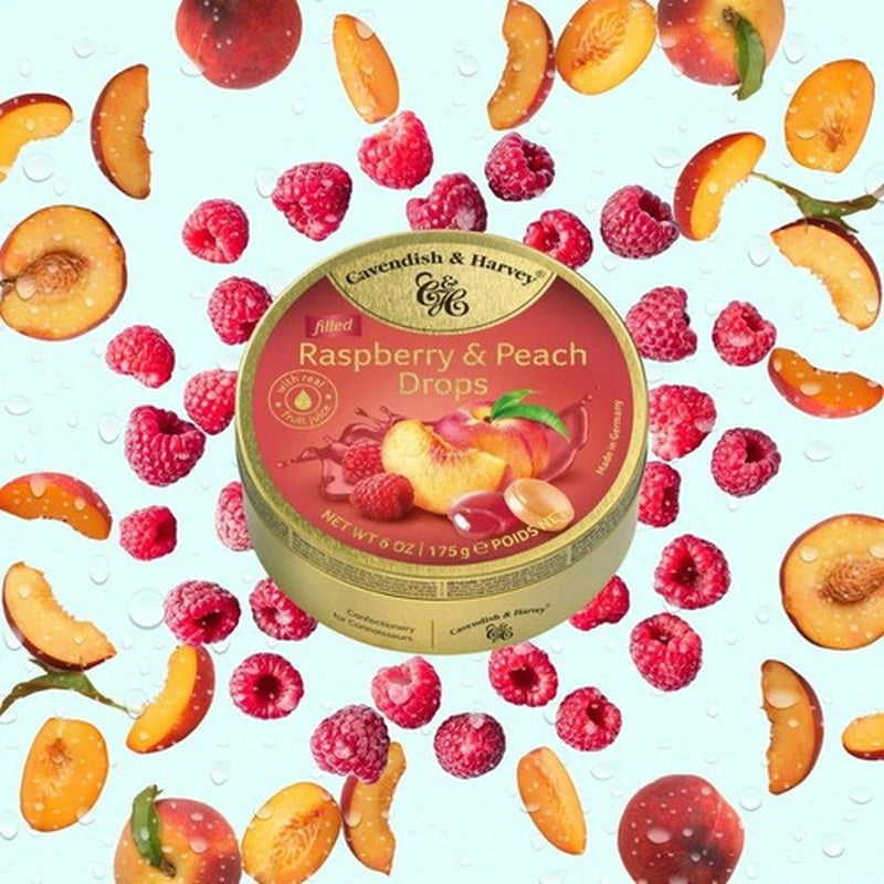 Gold Fruit Juice Candy 6 Ounce Raspberry Peach Filled Drops in Premium Tin