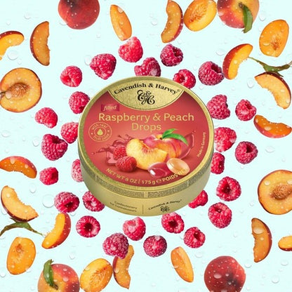 Gold Fruit Juice Candy 6 Ounce Raspberry Peach Filled Drops in Premium Tin