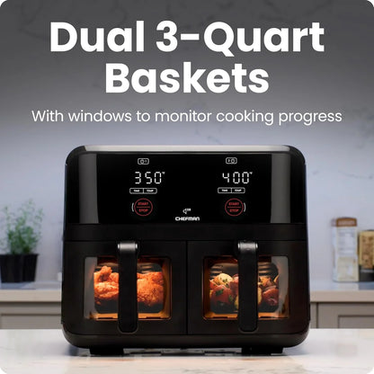 Dual Basket Digital Air Fryer W/ Easy View Windows, 2 Independent 3 Qt Baskets - Black