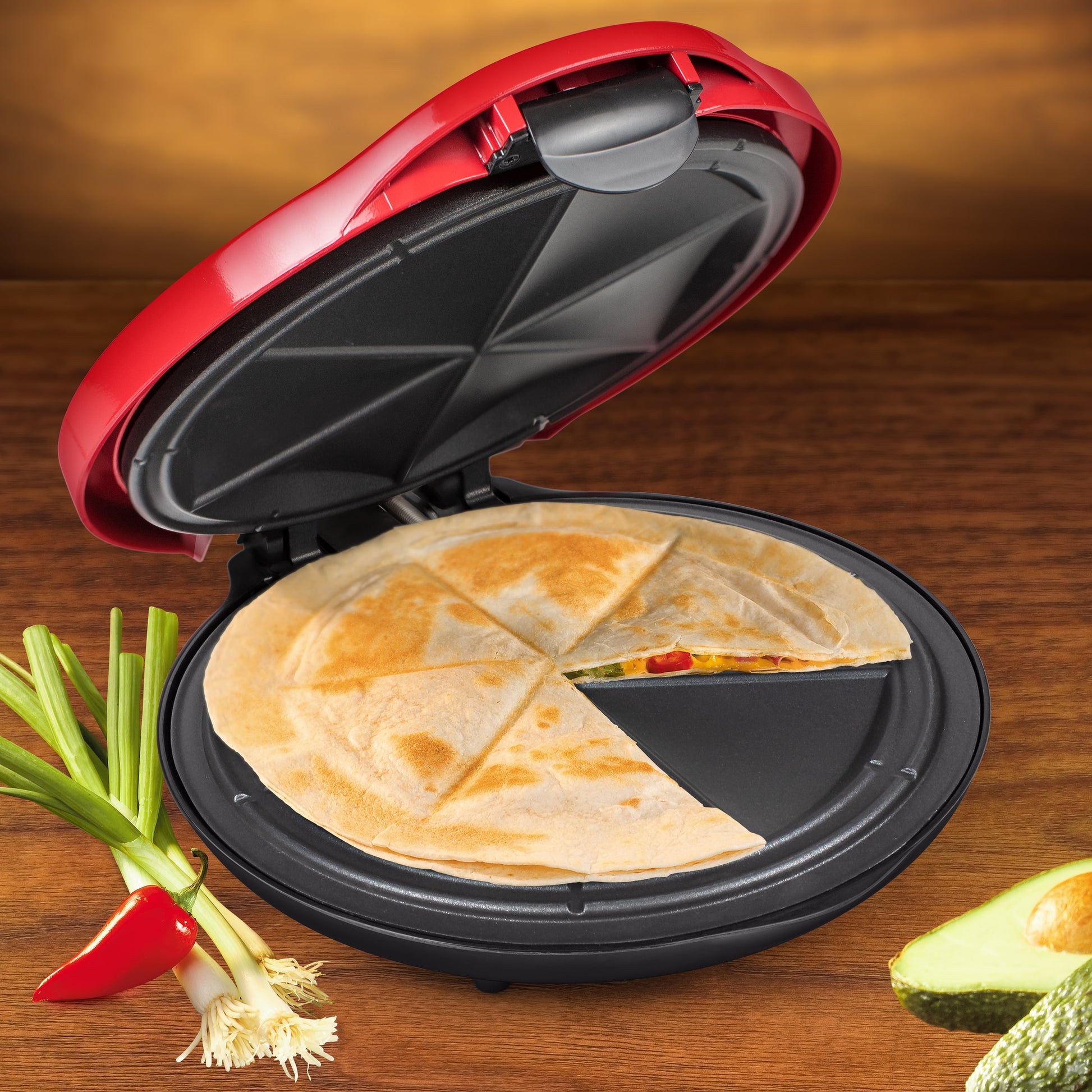 6-Wedge Electric Quesadilla Maker with Extra Stuffing Latch, Red 10”
