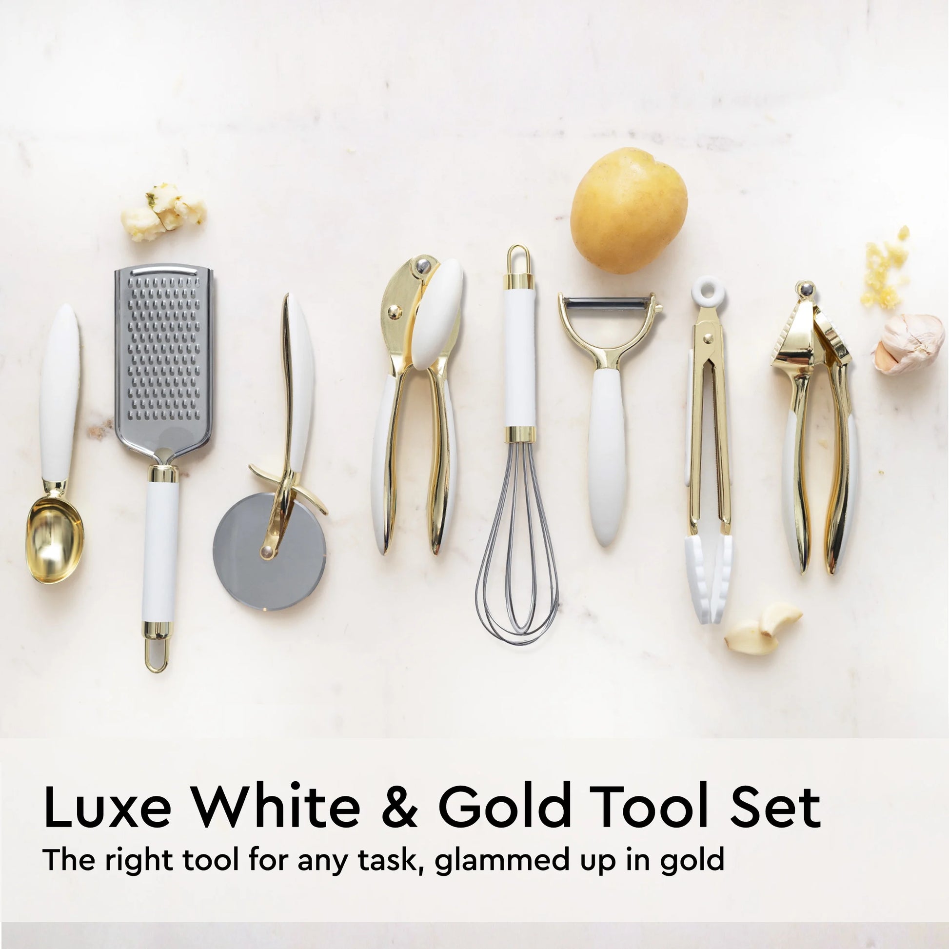 White and Gold Kitchen Utensils Set - 23 Piece Luxe White and Gold Kitchen Accessories Include Gold Measuring Cups and Spoons, White Silicone and Gold Cooking Utensils, White and Gold Kitchen Tools