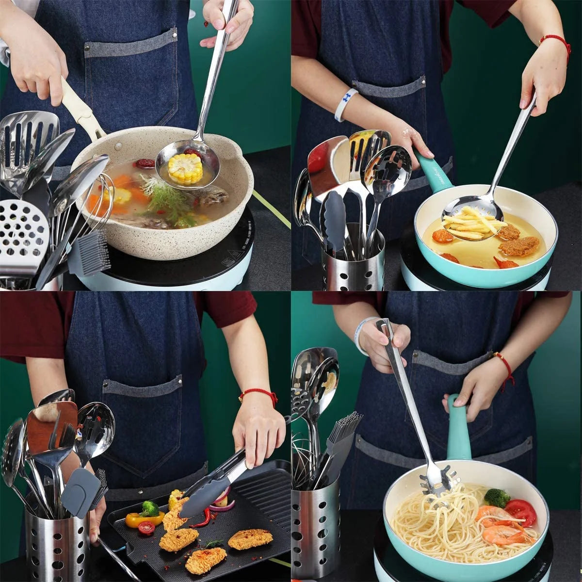 13 Pieces Shiny Stainless Steel Kitchen Utensils Set with Utensil Holder