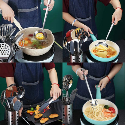 13 Pieces Shiny Stainless Steel Kitchen Utensils Set with Utensil Holder