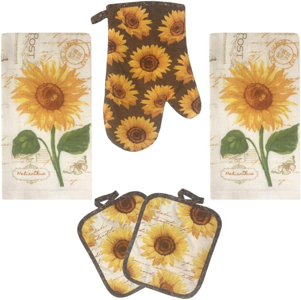 Golden Sunflower Kitchen Towel 5 Piece Linen Set 2 Towels 2 Pot Holders 1 Oven Mitt