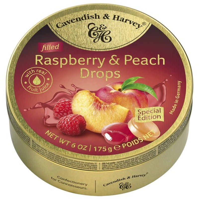 Gold Fruit Juice Candy 6 Ounce Raspberry Peach Filled Drops in Premium Tin