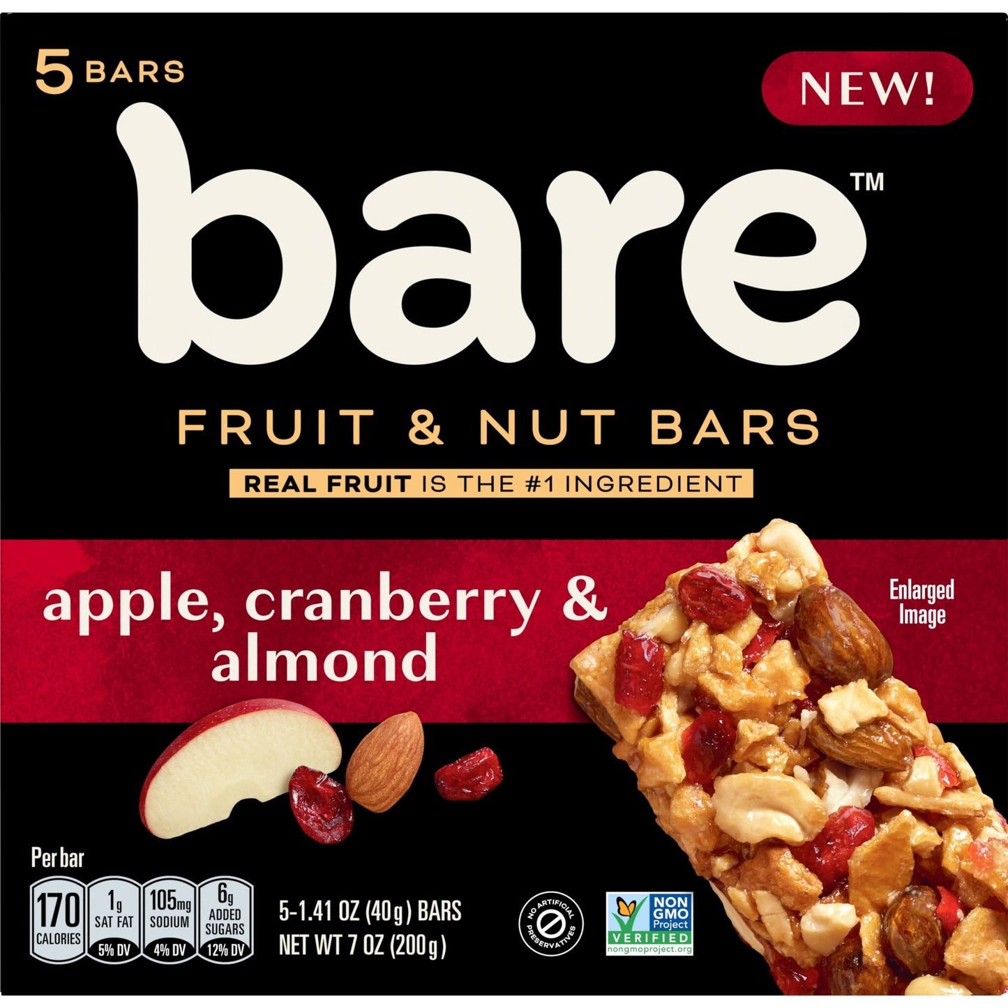 Bare Fruit & Nut Bars, Apple, Cranberry & Almond, 1.41 Oz, 5 Count