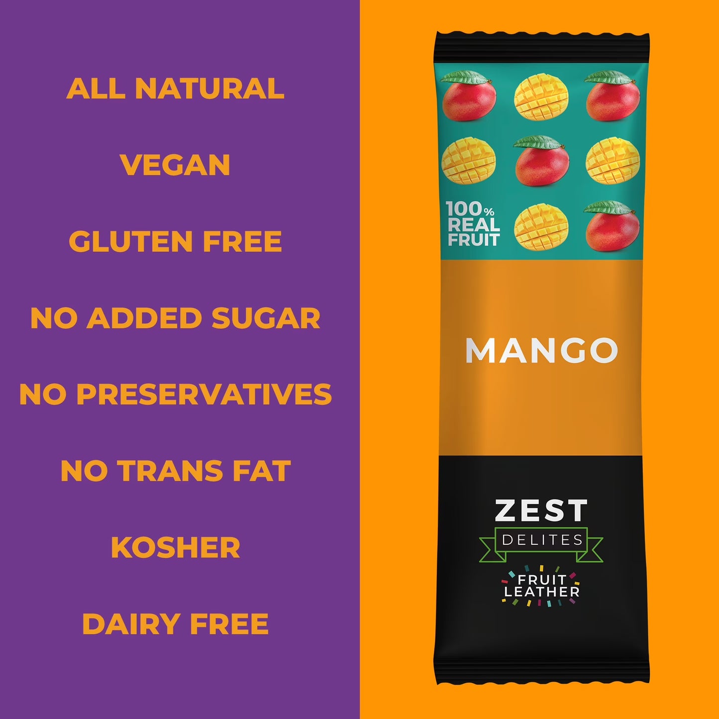 Fruit Leather Snacks, Vegan Fruit Bars, Mango, 0.88 Oz X 10 Packs