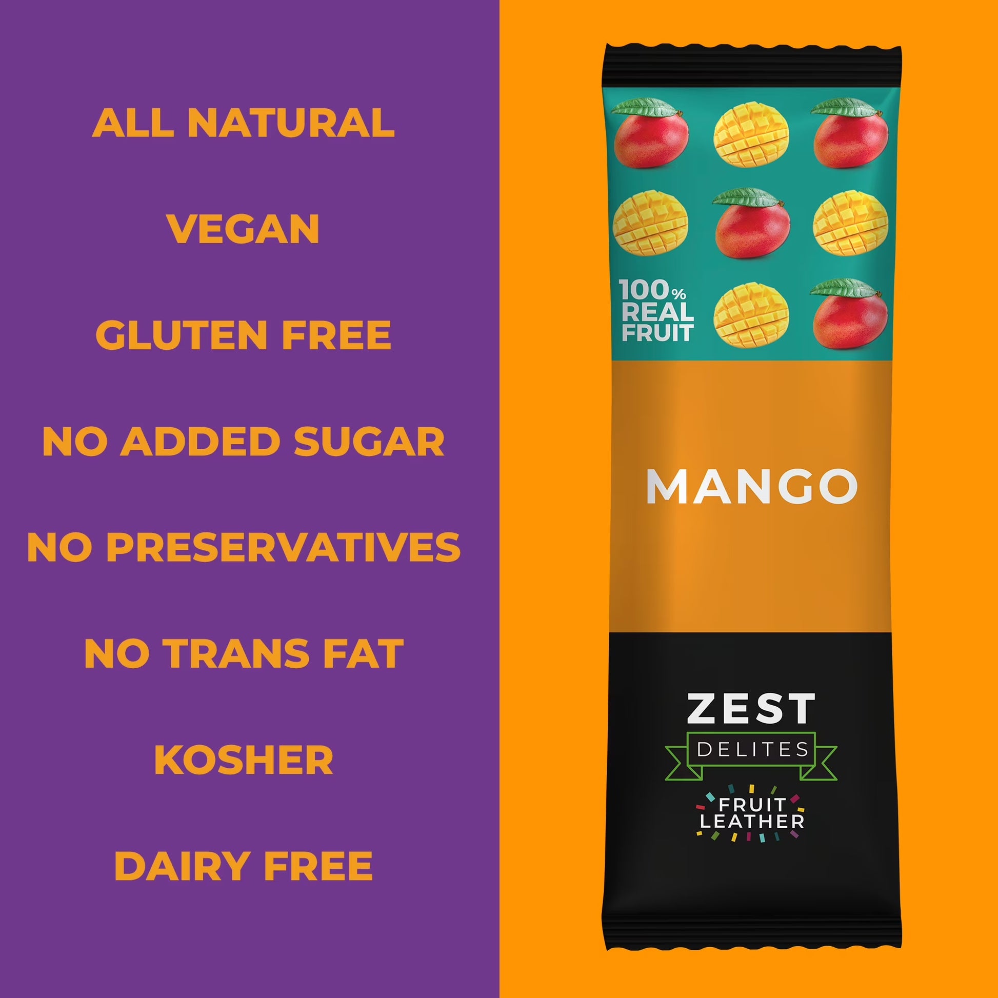 Fruit Leather Snacks, Vegan Fruit Bars, Mango, 0.88 Oz X 10 Packs