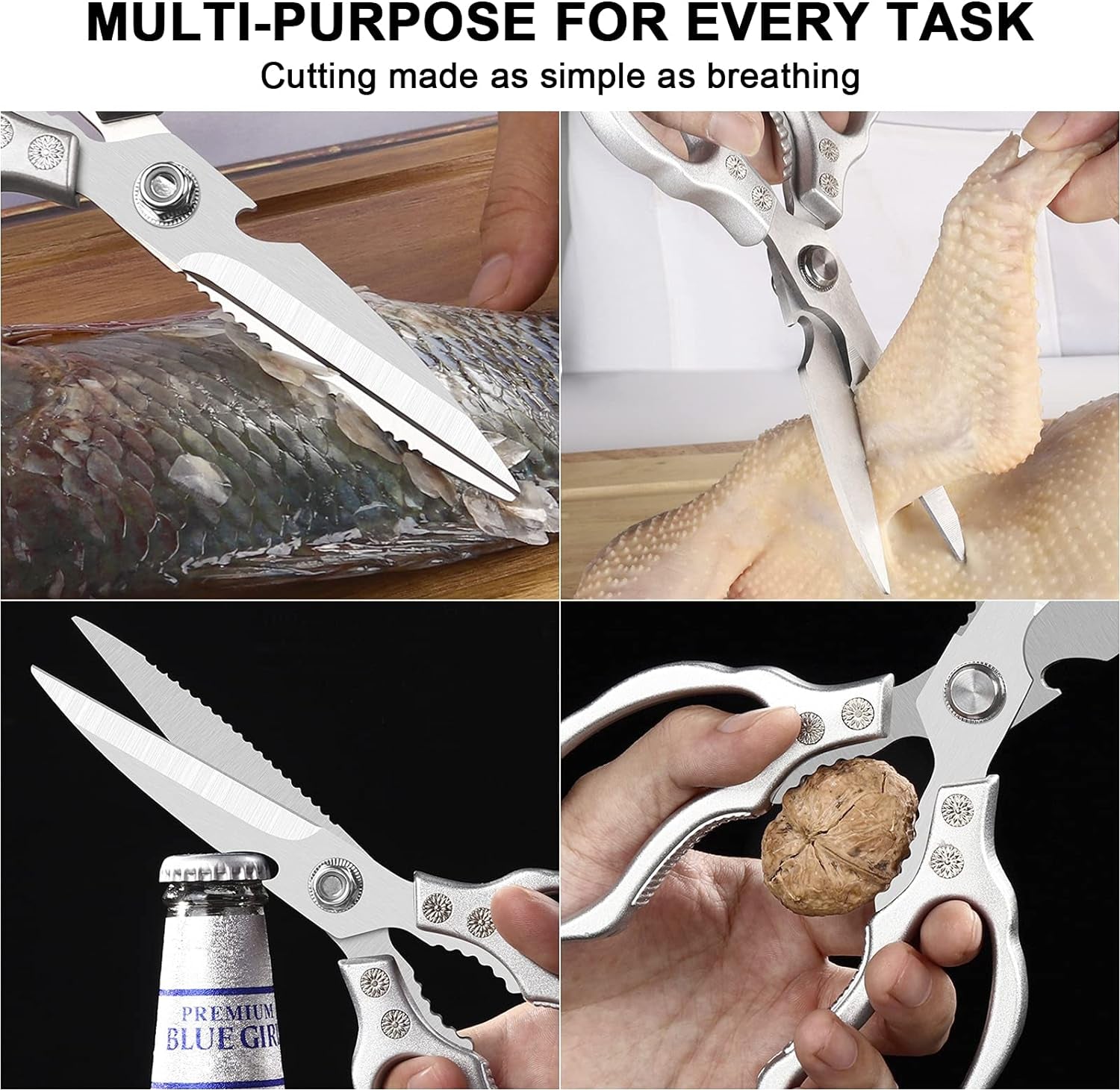 Kitchen Scissors, Multi-Purpose Kitchen Shears, Heavy Duty Dishwasher Safe Food Scissors for Chicken, Poultry, Fish, Meat & Herbs with Non-Slip Grips - Sliver