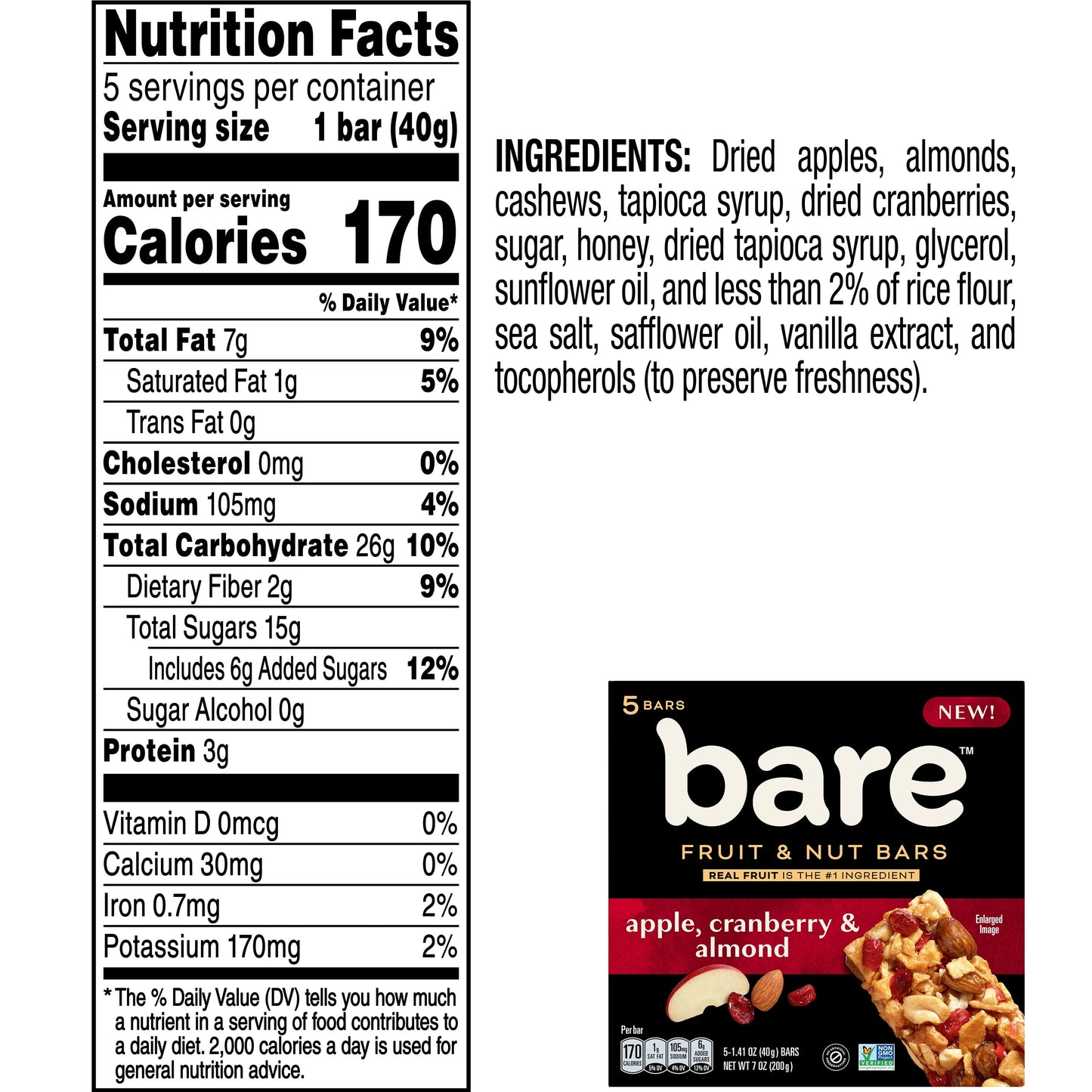 Bare Fruit & Nut Bars, Apple, Cranberry & Almond, 1.41 Oz, 5 Count