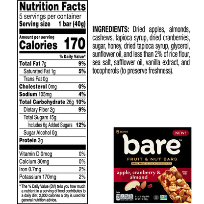 Bare Fruit & Nut Bars, Apple, Cranberry & Almond, 1.41 Oz, 5 Count