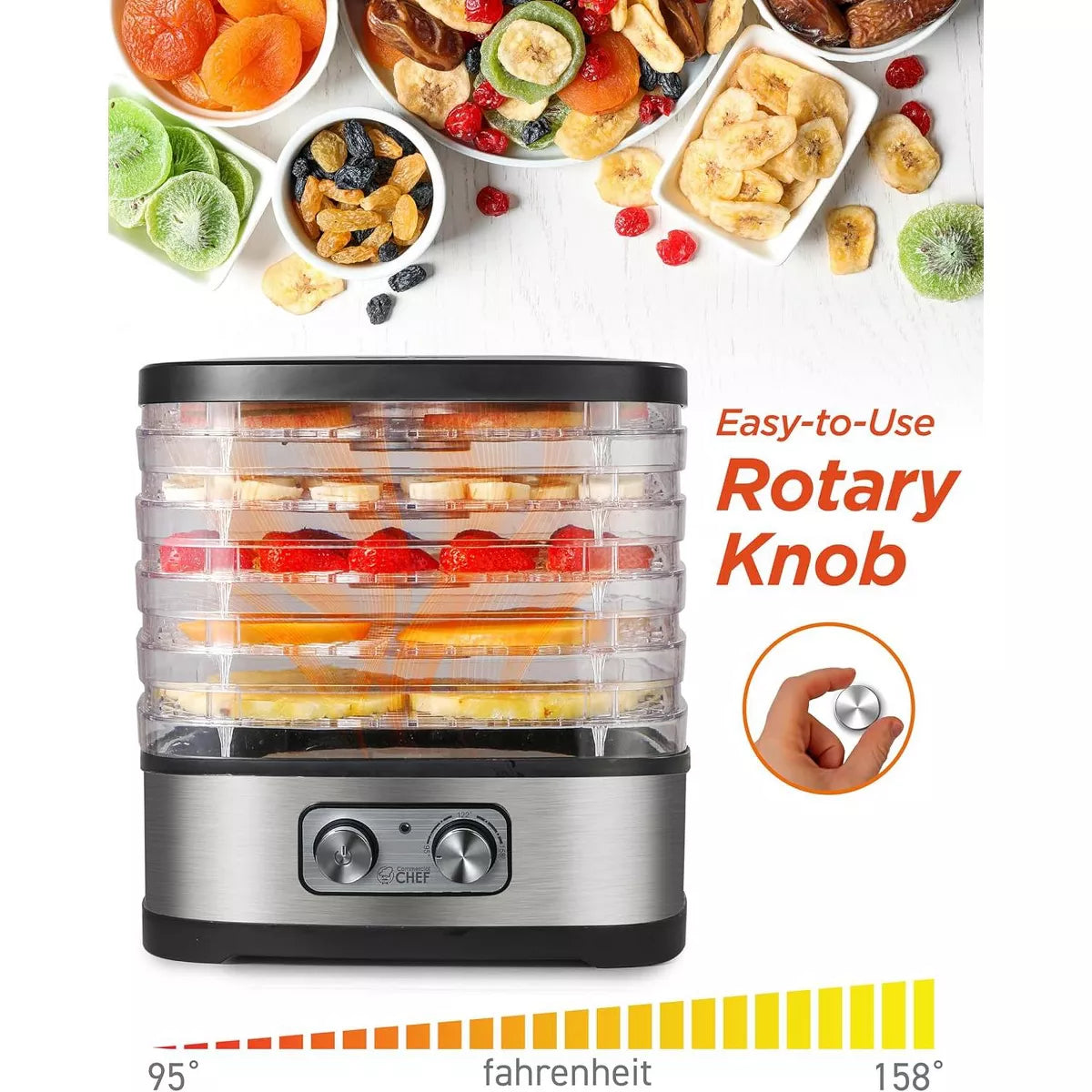 Commercial Chef Food Dehydrator, Five 10” X 9.25” Trays, CHD200S