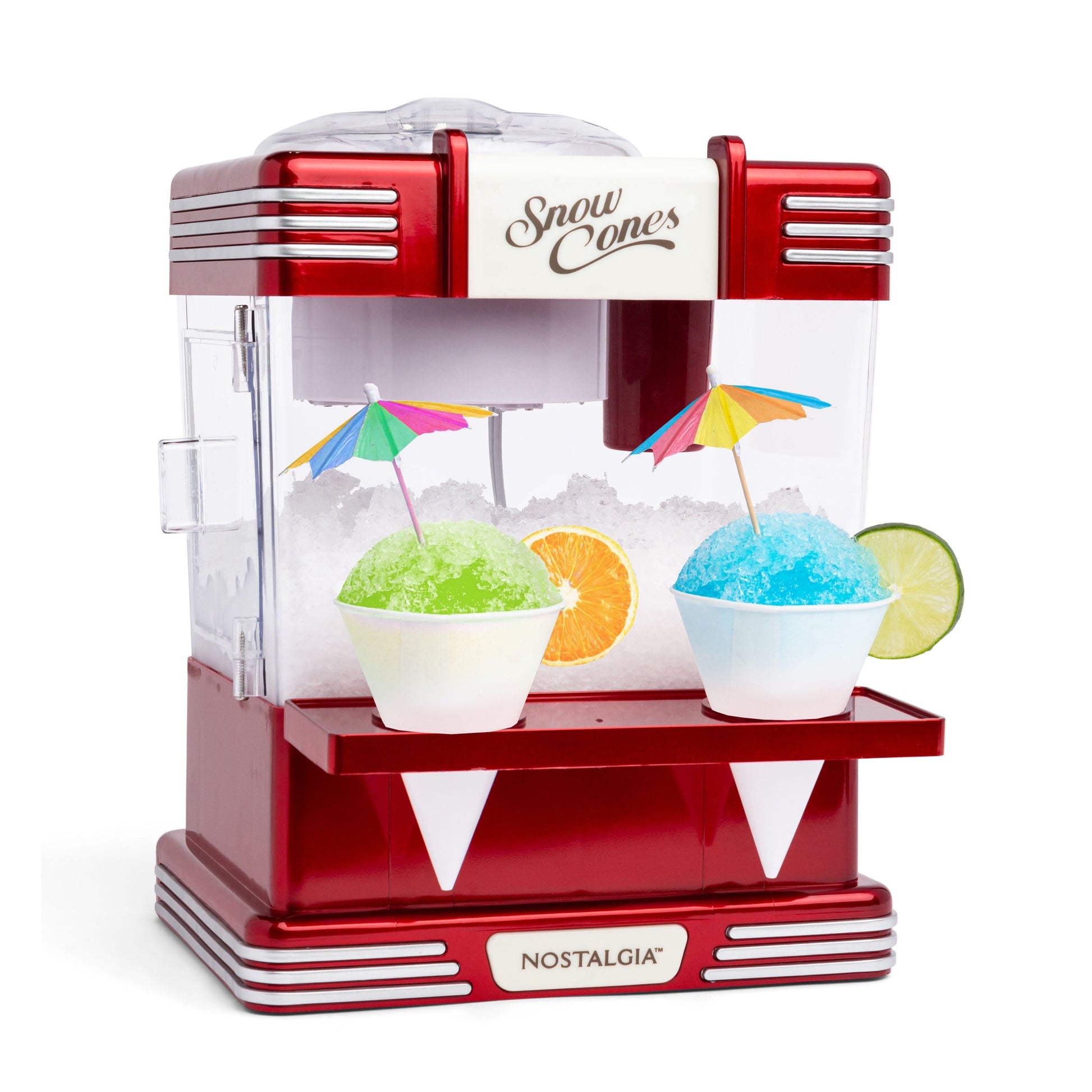 Snow Cone Maker, Tabletop Shaved Ice Machine with 2 Reusable Cones and Ice Scoop, Red