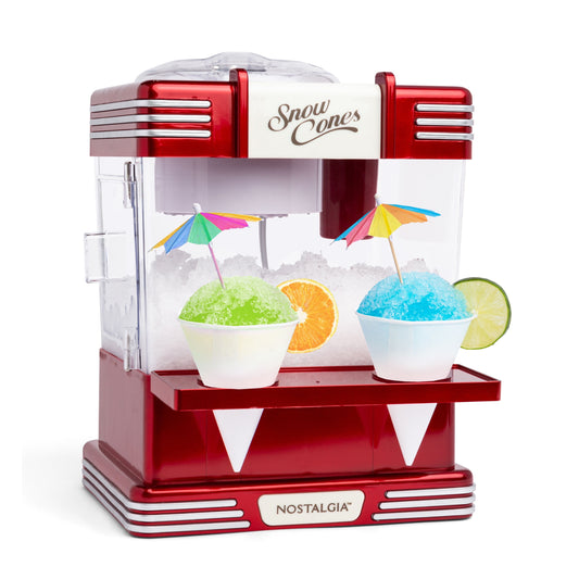 Snow Cone Maker, Tabletop Shaved Ice Machine with 2 Reusable Cones and Ice Scoop, Red