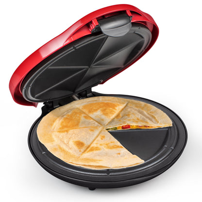 6-Wedge Electric Quesadilla Maker with Extra Stuffing Latch, Red 10”