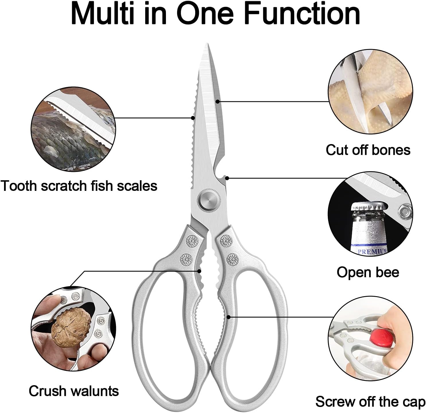 Kitchen Scissors, Multi-Purpose Kitchen Shears, Heavy Duty Dishwasher Safe Food Scissors for Chicken, Poultry, Fish, Meat & Herbs with Non-Slip Grips - Sliver