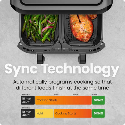 Dual Basket Digital Air Fryer W/ Easy View Windows, 2 Independent 3 Qt Baskets - Black