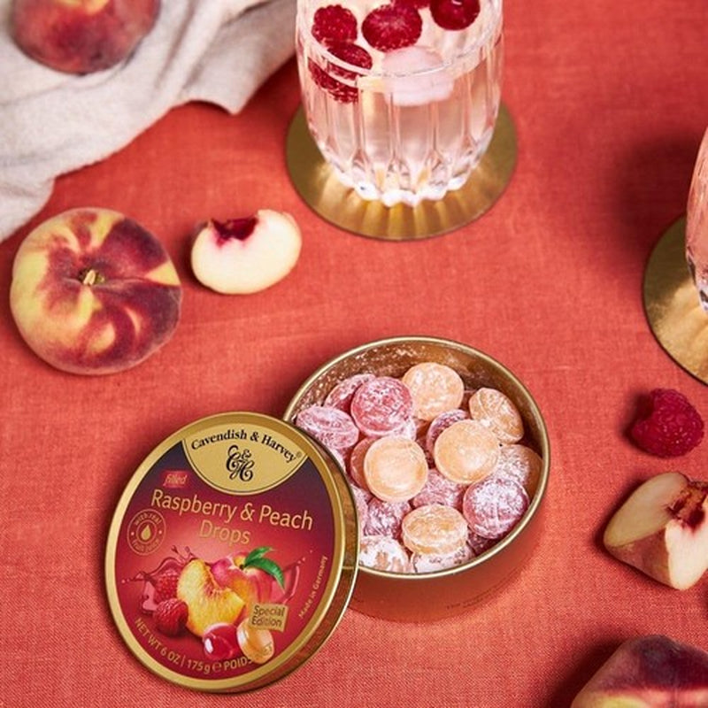 Gold Fruit Juice Candy 6 Ounce Raspberry Peach Filled Drops in Premium Tin