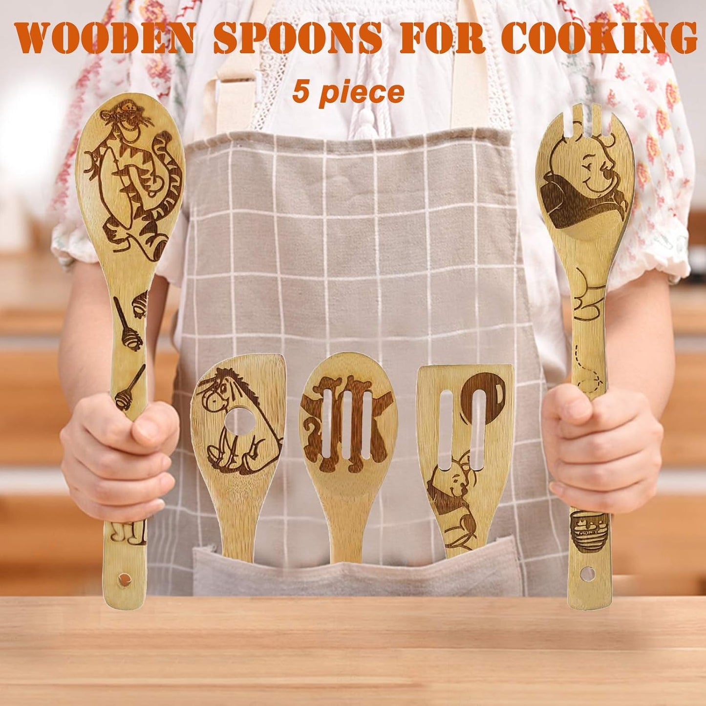 5 Cartoon Wooden Spoons for Cooking - Mom Birthday Gifts,Winnie Bear Gifts,Winnie the Bear Kitchen Accessories,Cute Tiger Spatula for Kitchen Decor,Mothers Day Gifts for Mom from Daughter,Son