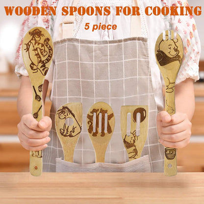 5 Cartoon Wooden Spoons for Cooking - Mom Birthday Gifts,Winnie Bear Gifts,Winnie the Bear Kitchen Accessories,Cute Tiger Spatula for Kitchen Decor,Mothers Day Gifts for Mom from Daughter,Son