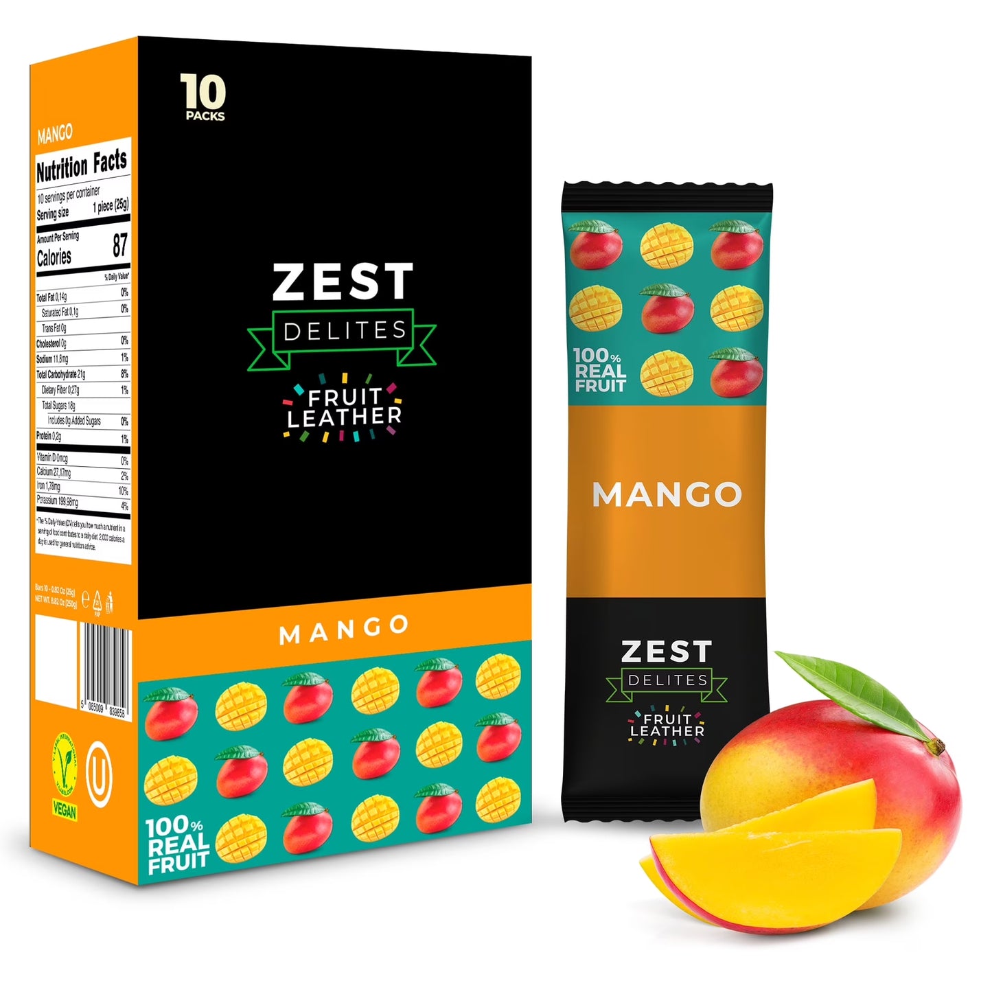 Fruit Leather Snacks, Vegan Fruit Bars, Mango, 0.88 Oz X 10 Packs