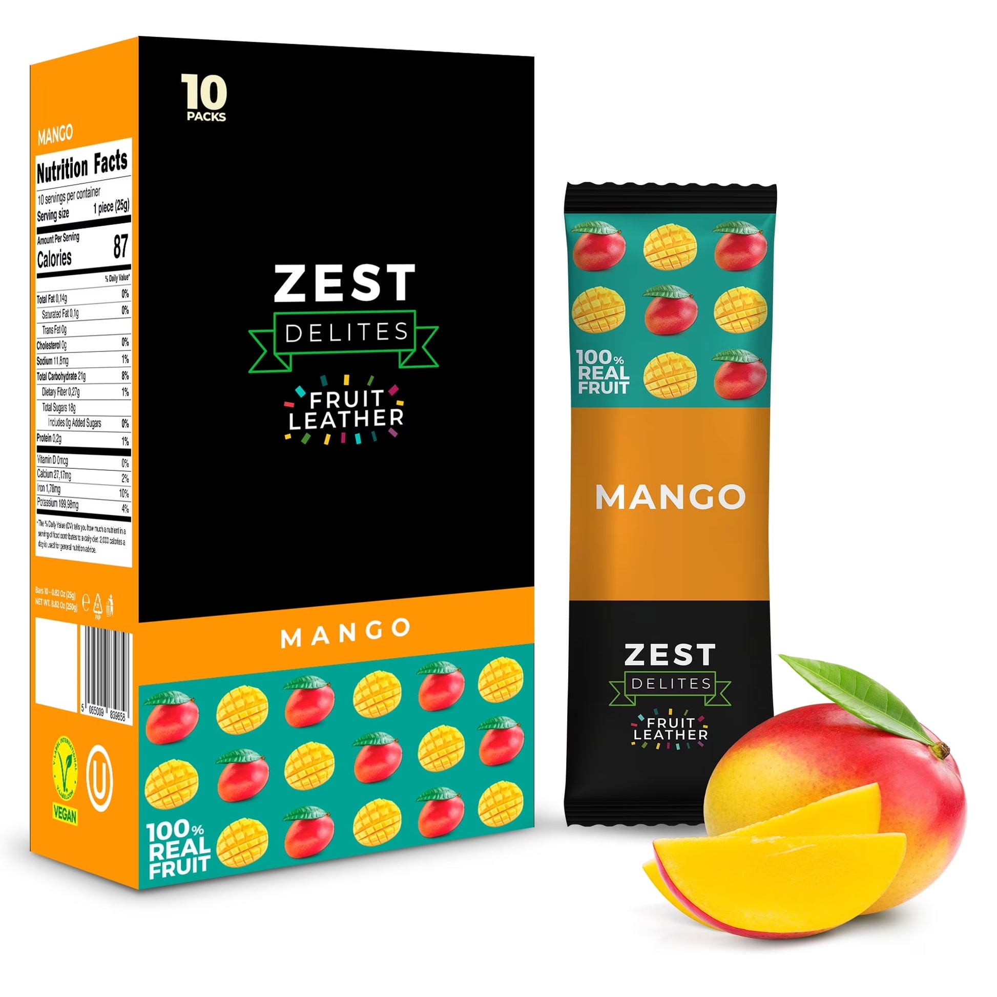Fruit Leather Snacks, Vegan Fruit Bars, Mango, 0.88 Oz X 10 Packs