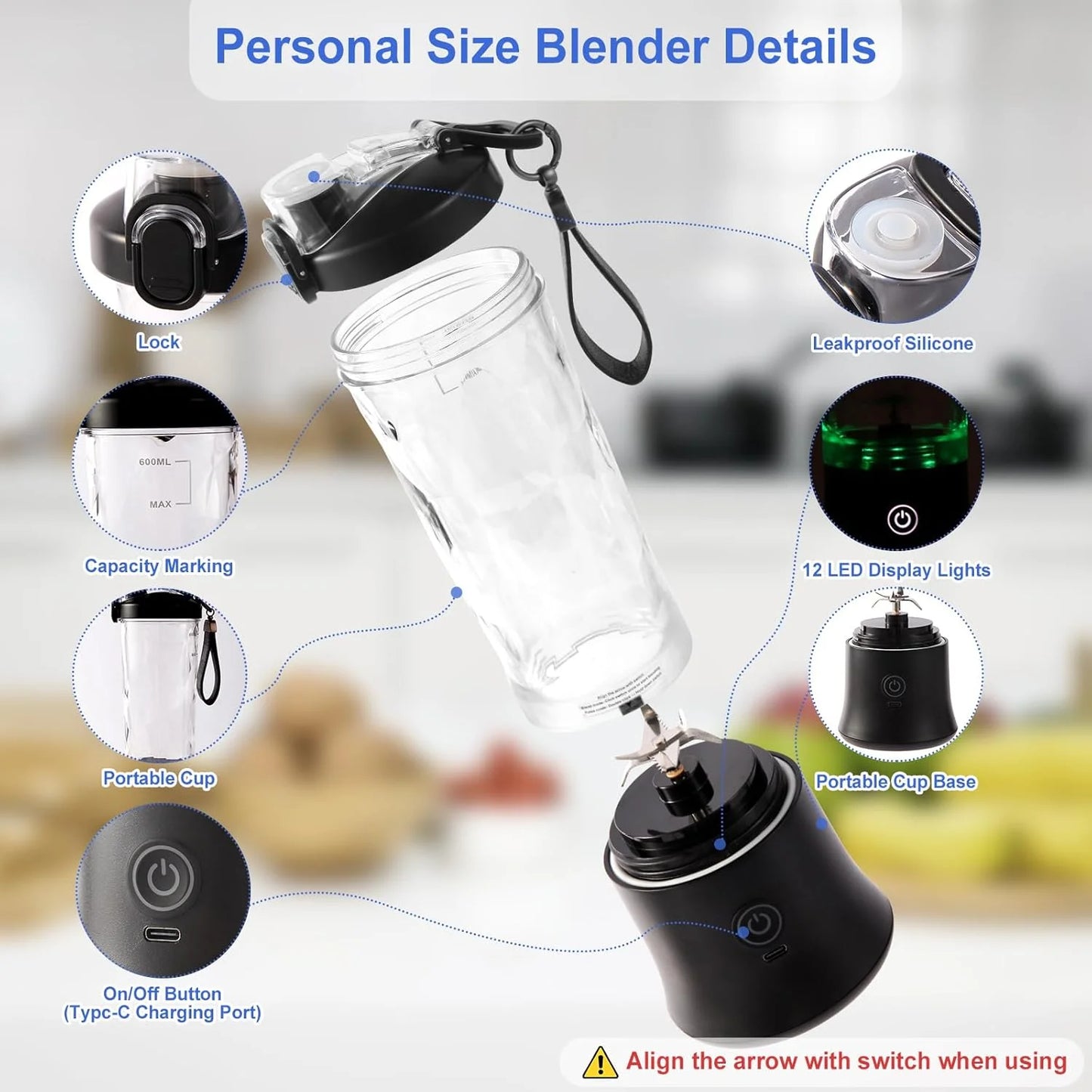 Personal Portable Blender, Small Kitchen Appliances Blender Cup for Shakes and Smoothies Rechargeable Shaker Bottle, 20Oz
