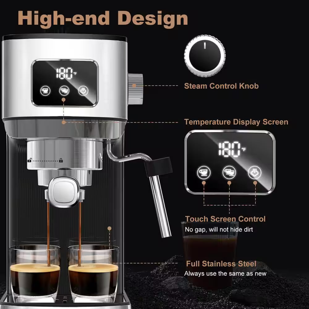 10 Cup Stainless Steel 20 Bar Espresso Machine for Cappuccino, Latte with Temperature Display