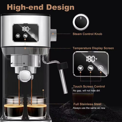 10 Cup Stainless Steel 20 Bar Espresso Machine for Cappuccino, Latte with Temperature Display