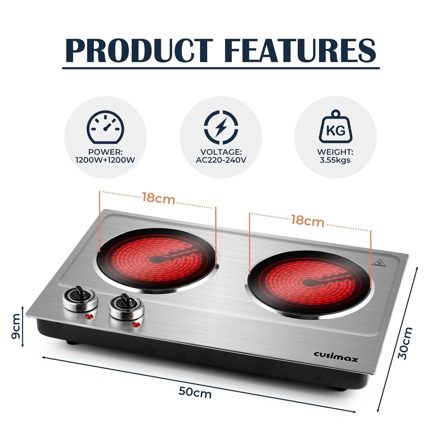 Double Hot Plate,  1800W Portable Ceramic – Dual Infrared Cooktop with Independent Controls, Stainless Steel & Glass Electric Burner for Countertop Cooking, Upgraded Silver Design