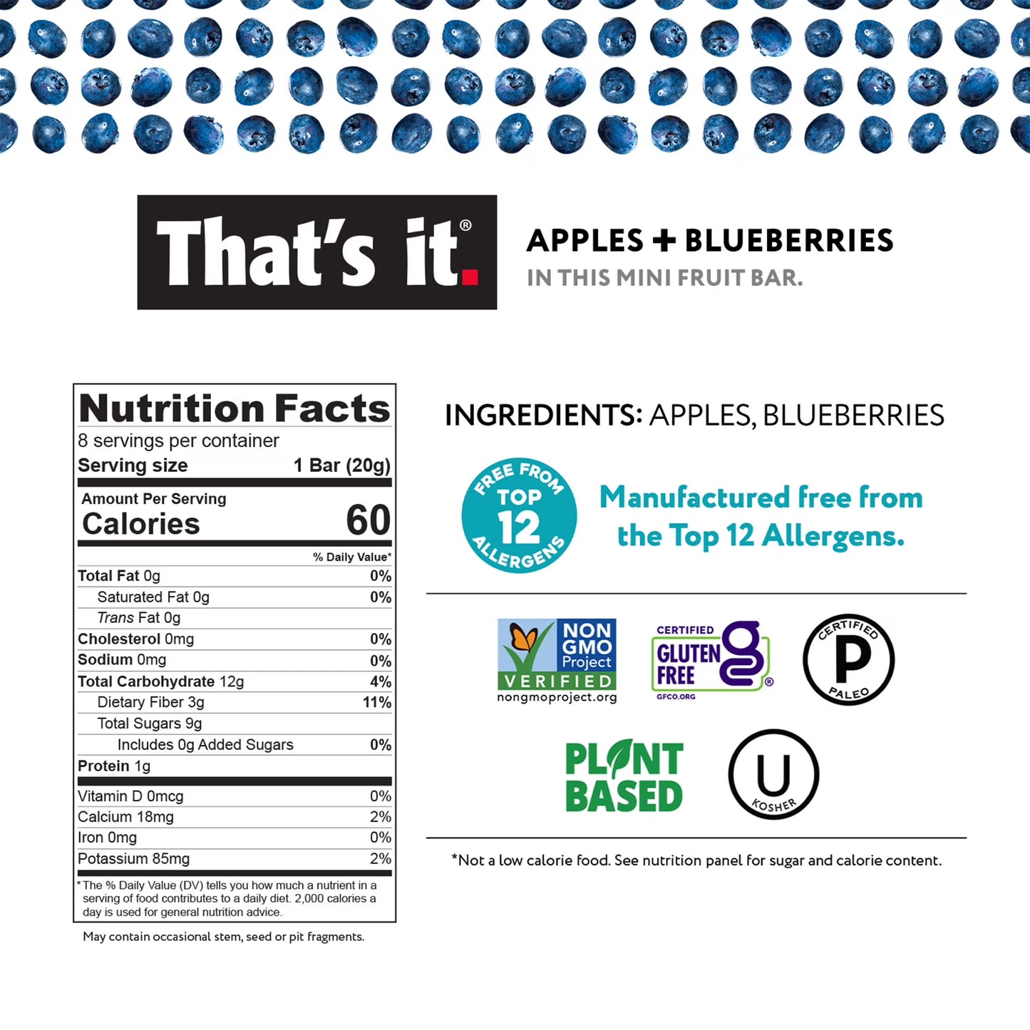 Gluten-Free Soft Chewy Apple + Blueberry Fruit Bars, 0.7 Oz, 8 Ct. Shelf Stable Box