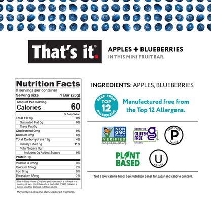 Gluten-Free Soft Chewy Apple + Blueberry Fruit Bars, 0.7 Oz, 8 Ct. Shelf Stable Box