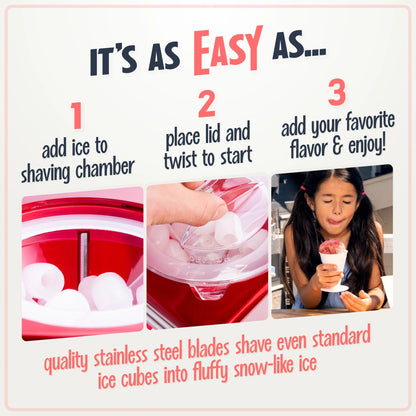 Snow Cone Maker, Tabletop Shaved Ice Machine with 2 Reusable Cones and Ice Scoop, Red