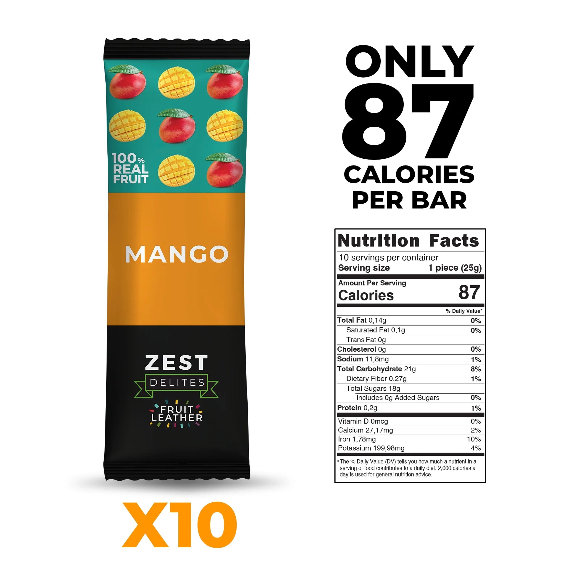 Fruit Leather Snacks, Vegan Fruit Bars, Mango, 0.88 Oz X 10 Packs